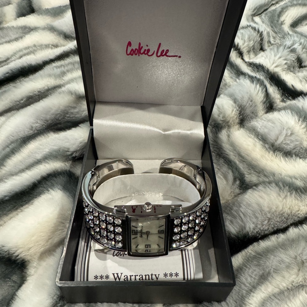 Cookie Lee Silver Crystal Pavé Bangle Watch